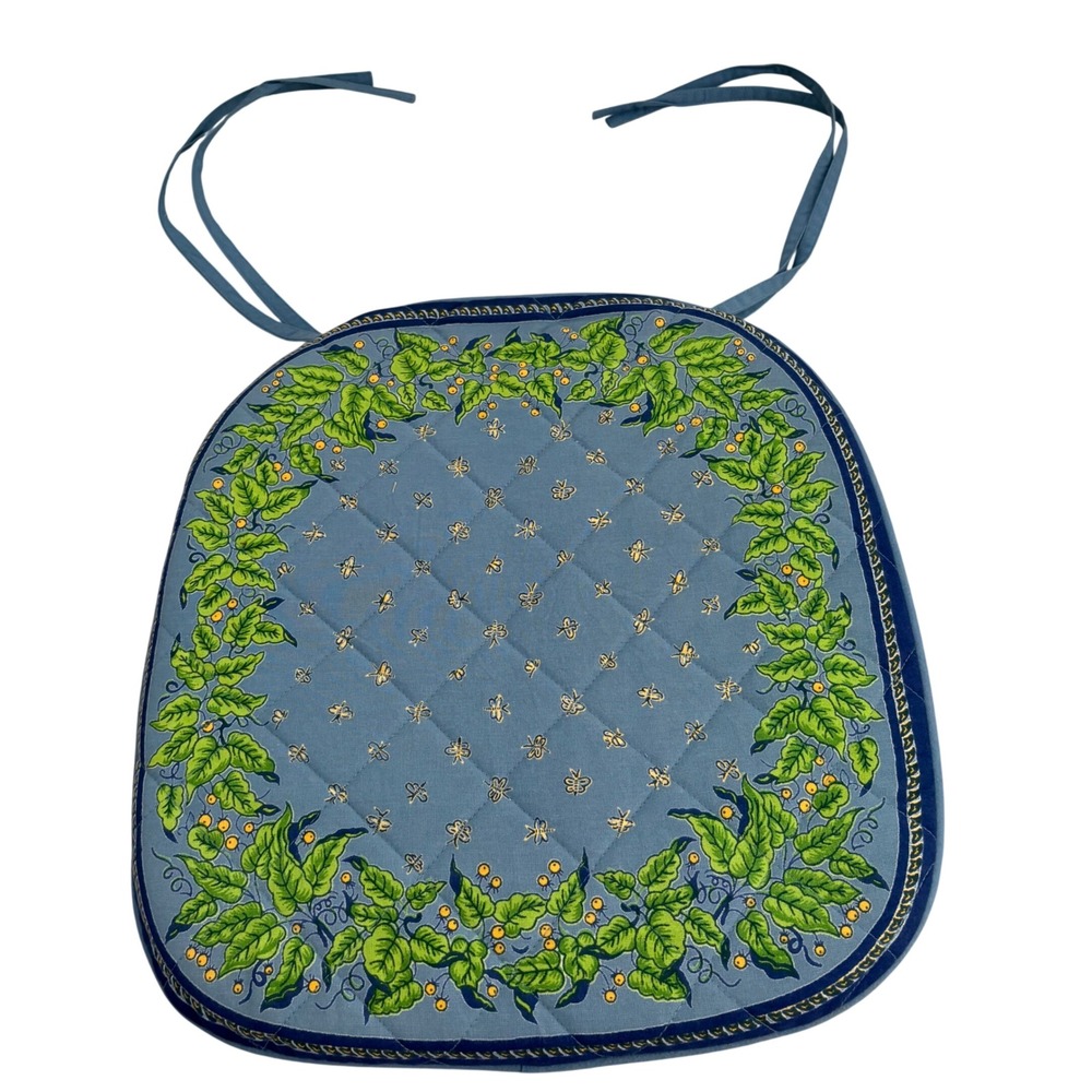 Williams‎ Sonoma Provence Blue Quilted Chair Pad Leaf Berry Butterfly 16x16 NEW